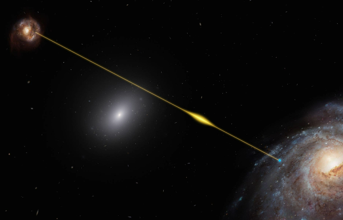 fast radio burst, cosmic path, distant galaxies, Earth, 8 billion years later