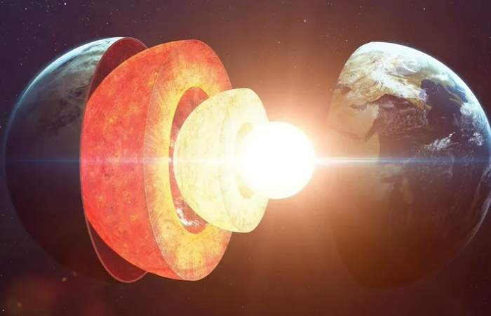 Illustration depicting a cross-section of the Earth, highlighting a substantial underground ocean located 700 kilometers beneath the surface, encapsulated within the mineral ringwoodite in the mantle transition zone.