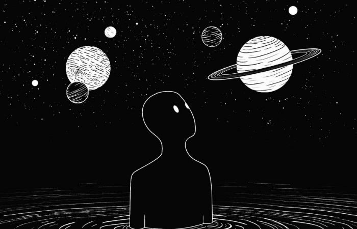 Image depicting a stunning visual of six planets perfectly aligned in the night sky, with starry backdrop enhancing the rare cosmic event