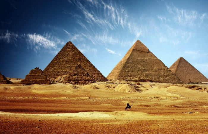 the base of the Great Pyramid of Giza with a newly discovered hidden chamber