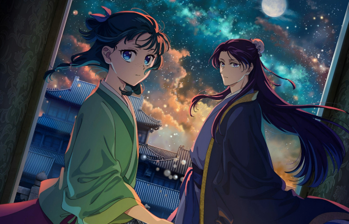 Announcement poster for The Apothecary Diaries Season 2, featuring Maomao surrounded by mysterious herbs, potions, and ancient scrolls in a dimly lit apothecary.